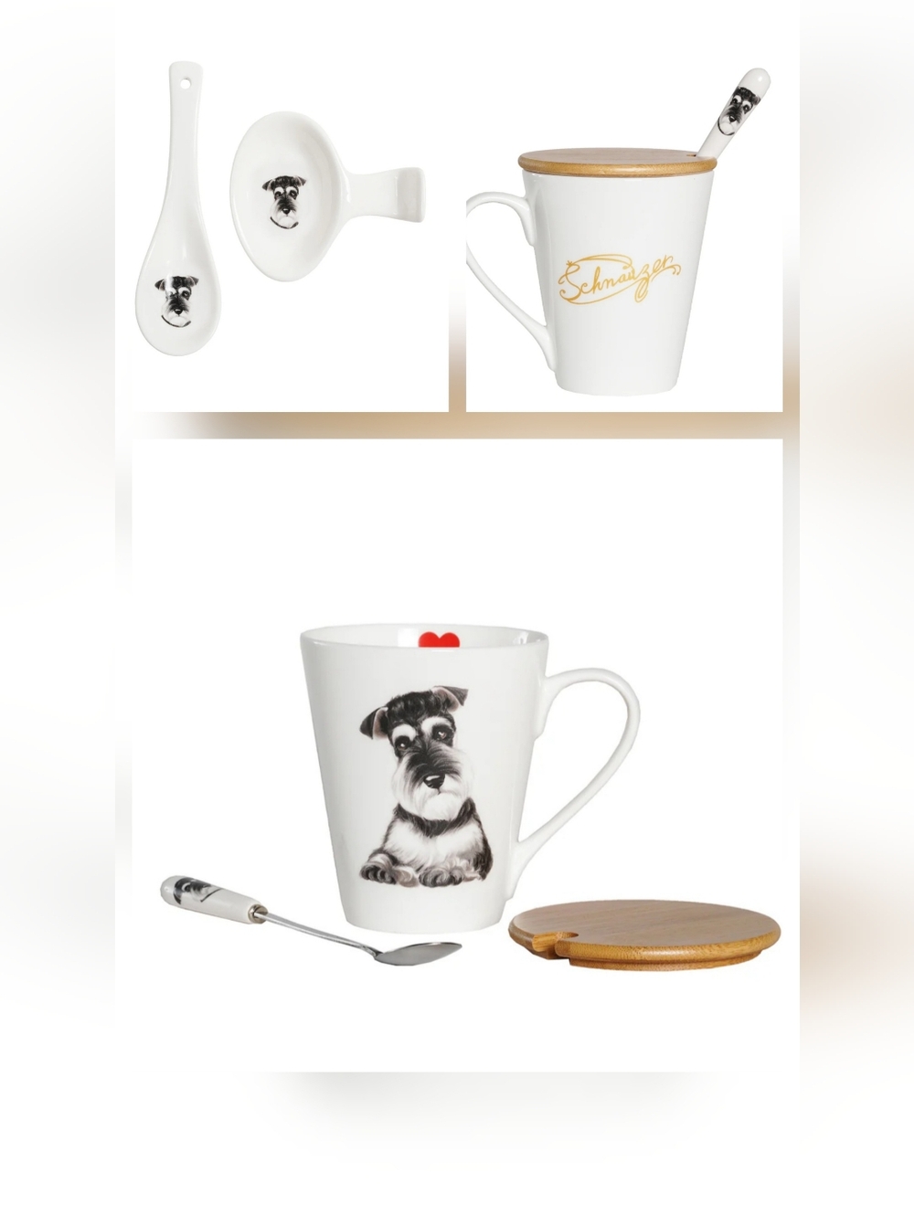 NIB 4pcs Porcelain Schnauzer Dog Coffee Mug  With Lid & 2 Spoons & Rest